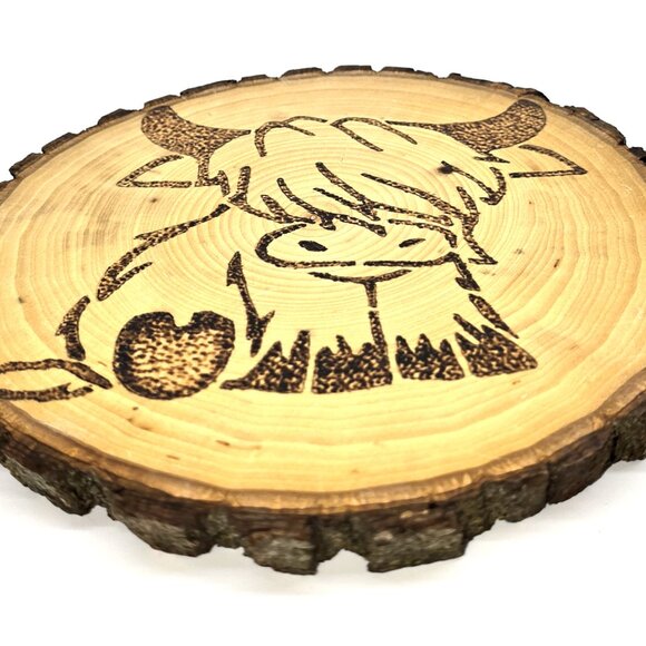 Highland cow wood burned art 8 x.75 in Round, live edge - Picture 8 of 9